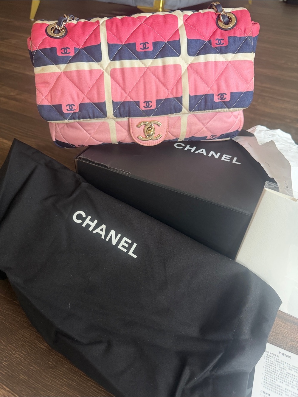 CHANEL Pink Quilted Shoulder Bag with Navy and Cream Grid